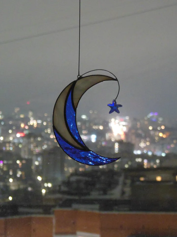 Moon with Shooting Star Swarovski Сrystal . Stained glass window hanging Suncatcher , idea for anniversary , birthday and Christmas gift