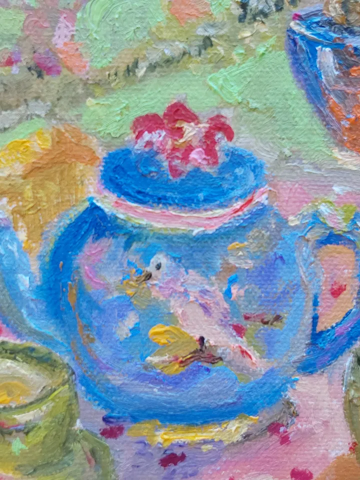 Oil painting on canvas 24x30cm (9.6x12 inches) "Tea Party in the Garden"