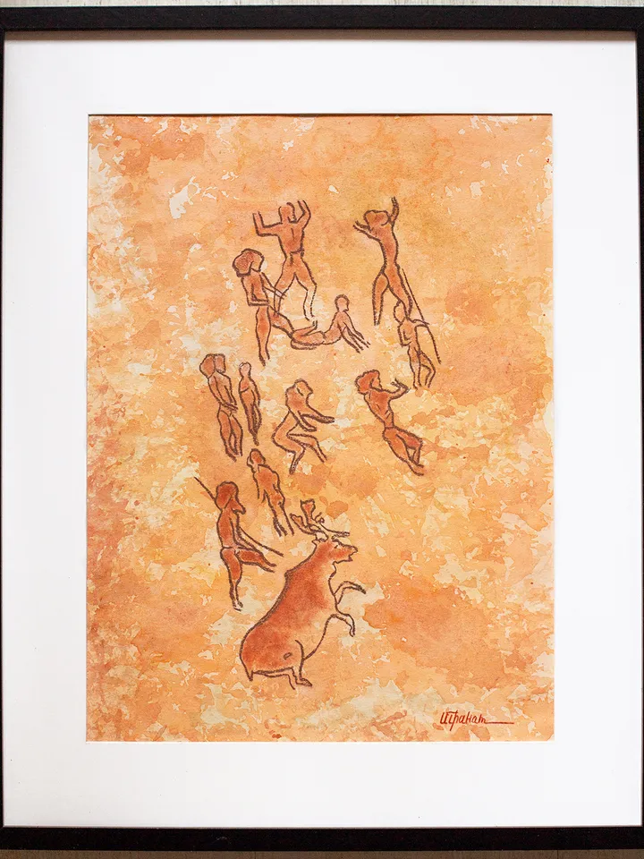 Boar hunting wall art | Original Pastel and Watercolor Artwork Ancient Cave Painting Style 30x40 cm | Hunters Prehistoric art | Handmade Artwork | Archers stylization of rock art | Drawings of a prehistoric man | Modular painting