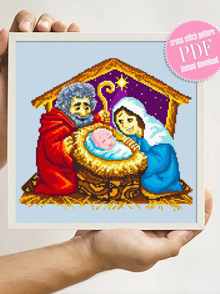 Nativity scene cross stitch pattern download PDF O Holy night cross stitch Religious Christmas embroidery Holy family pattern digital #N26