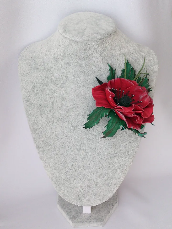 Leather brooch poppy for her, Leather womens jewelry