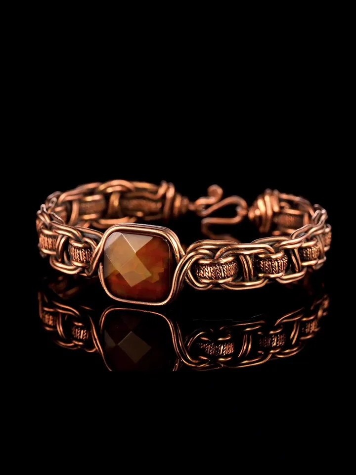 Copper wire wrapped brown agate bracelet Unique woven copper wire bangle
