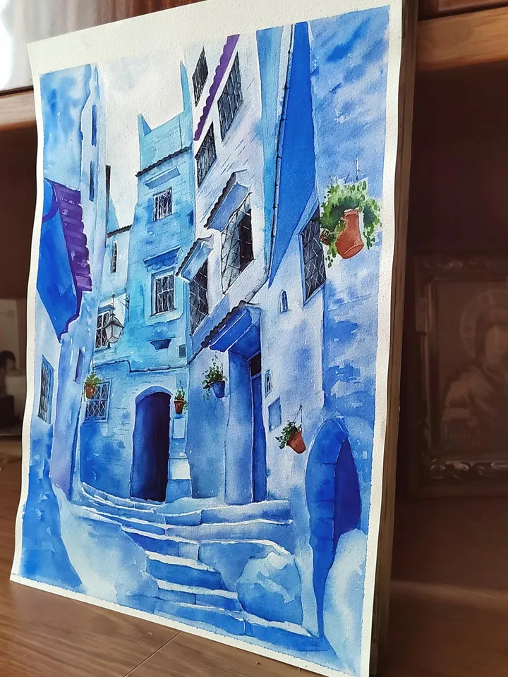 Blue Town Morocco Painting Chefchaouen Artwork Chaouen Original Watercolor Art 11.81x15.74 in by Art Café
