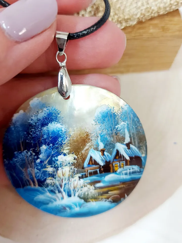 Nice Pendant Winter landscape. Village. Mother-of-pearl Russian hand painting. Hand-painted necklace pendant. Miniature painting