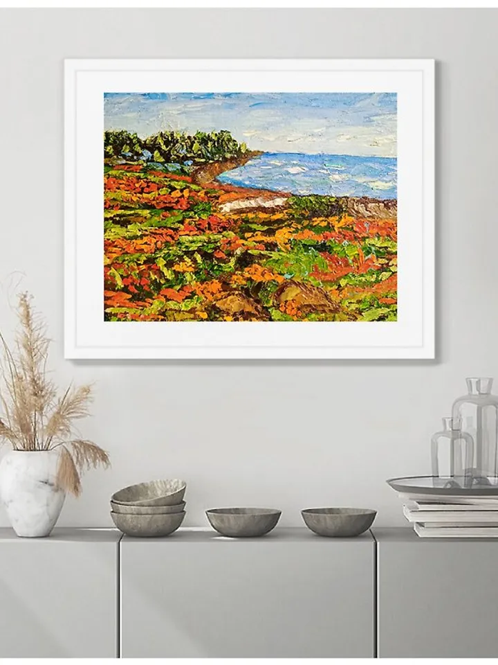 Landscape original oil painting of mountains and wildflowers impasto art