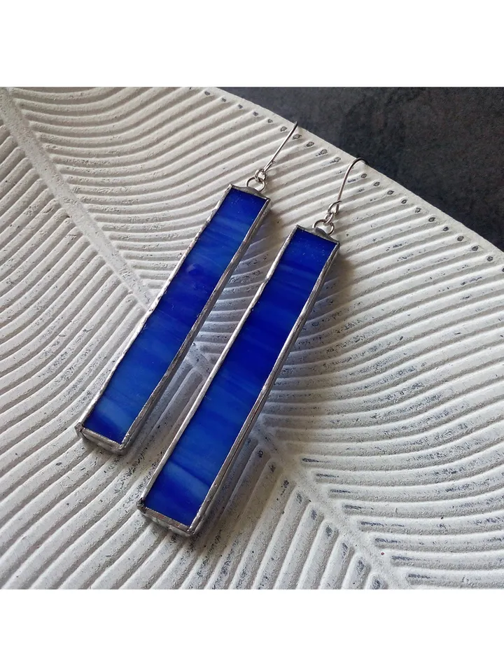 Glass blue geometric earrings, Simple Stained glass, rectangle earrings, Minimalist earrings, Dangle minimalism earrings