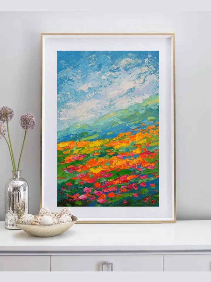 Poppy Painting Mountain Landscape Original Art 8 by 12 inch California poppies Art Wildflower Painting by Juliya JC