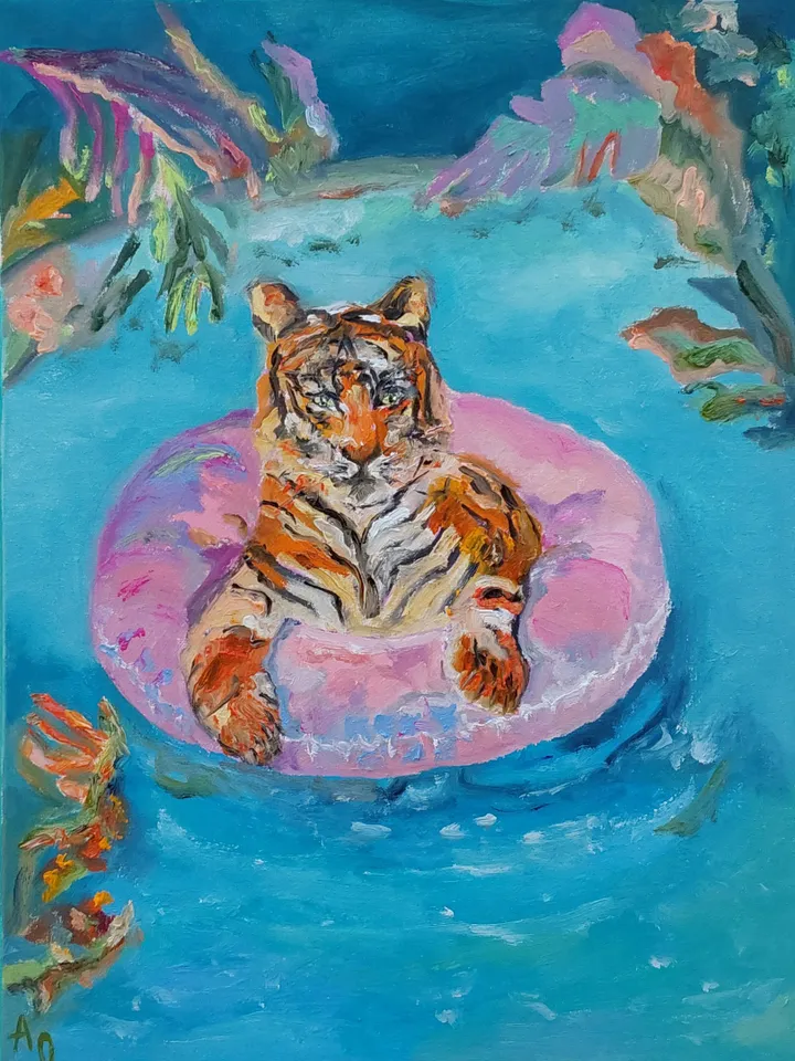 Oil painting 30x40cm (12x16 inches). Tigress at the resort