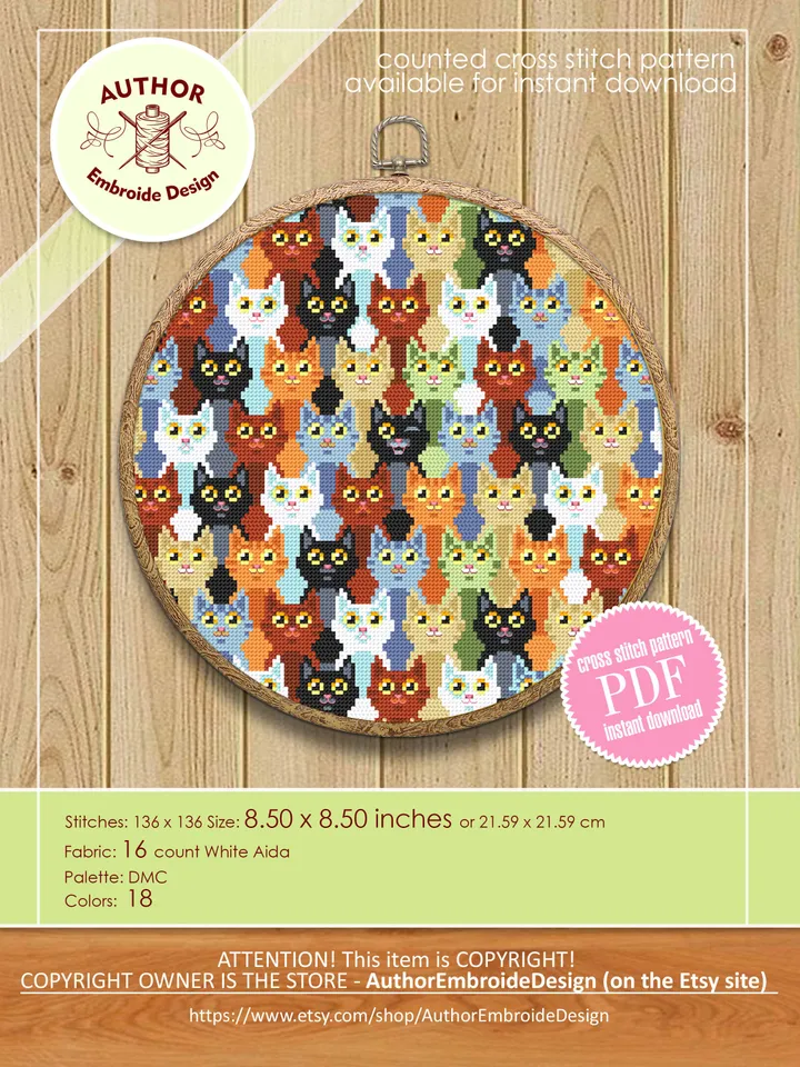 Funny cats cross stitch pattern PDF download Cat sampler cross stitch chart, Cat embroidery PDF, Cute kitten design, Cat lover gift #K15