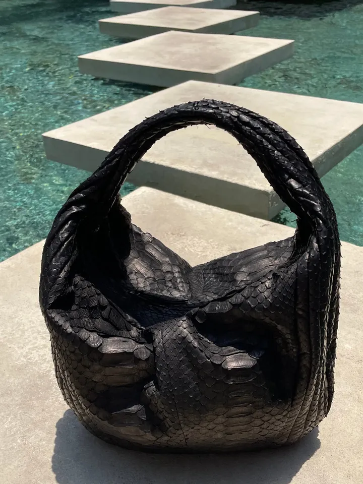 Medium Soft Hobo Classy Sport Woman Stitched Bag | Purse Genuine Python Skin | Dewi Gray Big Elegant Leather Designer Soft Bag Snake |