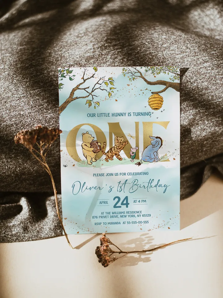 Classic Winnie Pooh Baby Birthday Invitation; Winnie Pooh Baby Birthday ; Greenery Baby Birthday; Honey Bear Birthday; Winnie Pooh wp