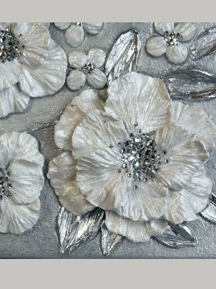 White Pearl Poppies Flower Textured artwork | Silver Glittery Original Painting Floral Art with Crystal