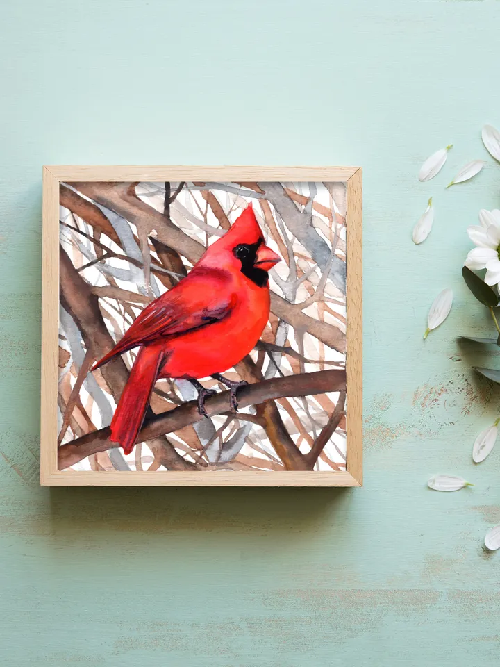 Red cardinal original watercolor, birds painting, handmade wall decor, 5.7x5.7 in art for bird lovers by Anne Gorywine