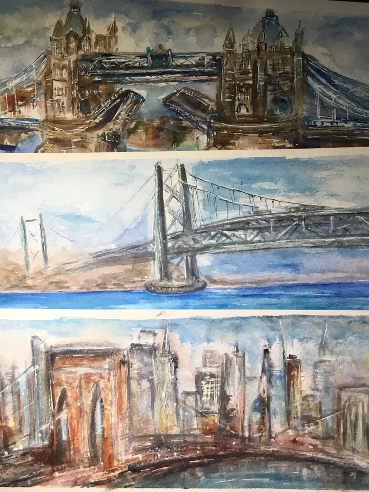 World bridges panoramic triptych - original watercolor paintings of New,York,London and Japanese bidges,cityscape paintings wall art,gifts.