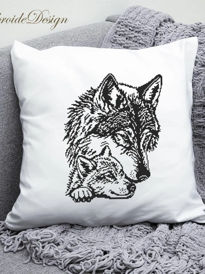 Mom and baby wolf cross stitch pattern PDf download Monochrome wolf silhouette cross stitch chart, Wolf pattern digital PDF, Home decor #K51