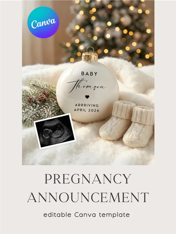 Christmas Pregnancy Announcement Canva Template | Baby Reveal | Editable Digital Download