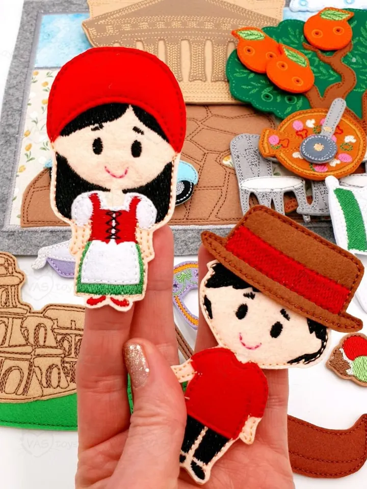 Italy Quiet Book Page & Finger Puppets ITH Embroidery Design, Italian Landmarks Felt Play Set, Educational Toy, Digital Download