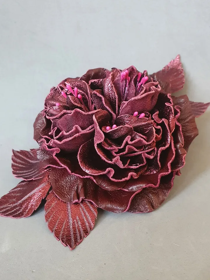 Bordo color rose leather brooch for her , 3rd anniversary gift for wife, Leather women's jewelry