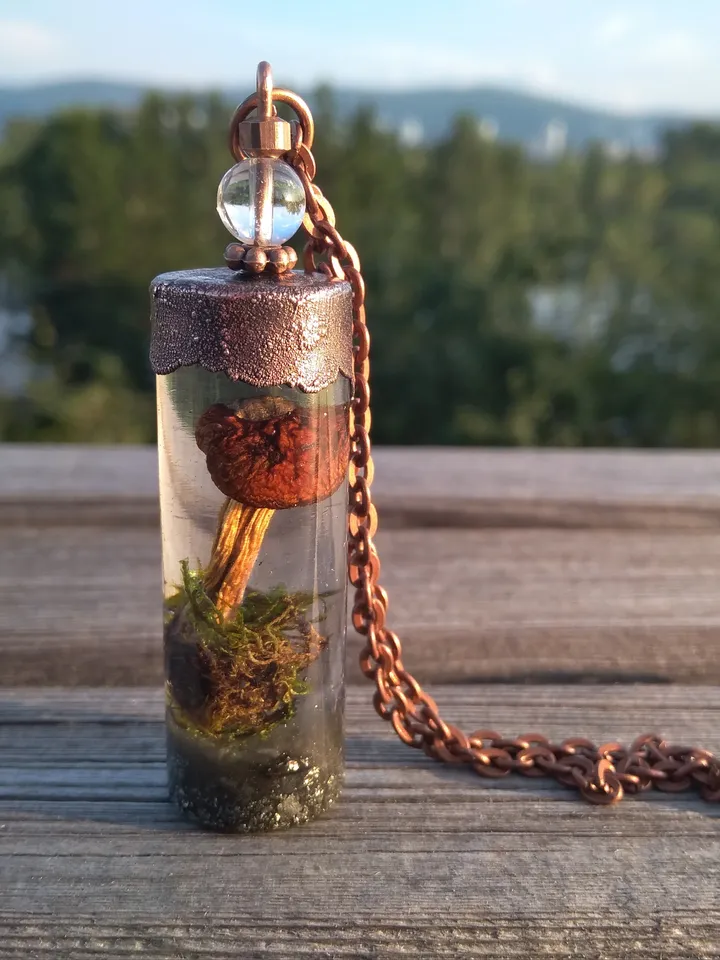 Magic mushroom necklace with green moss and Pyrite gemstone Resin pendant with mushroom Forest jewelry