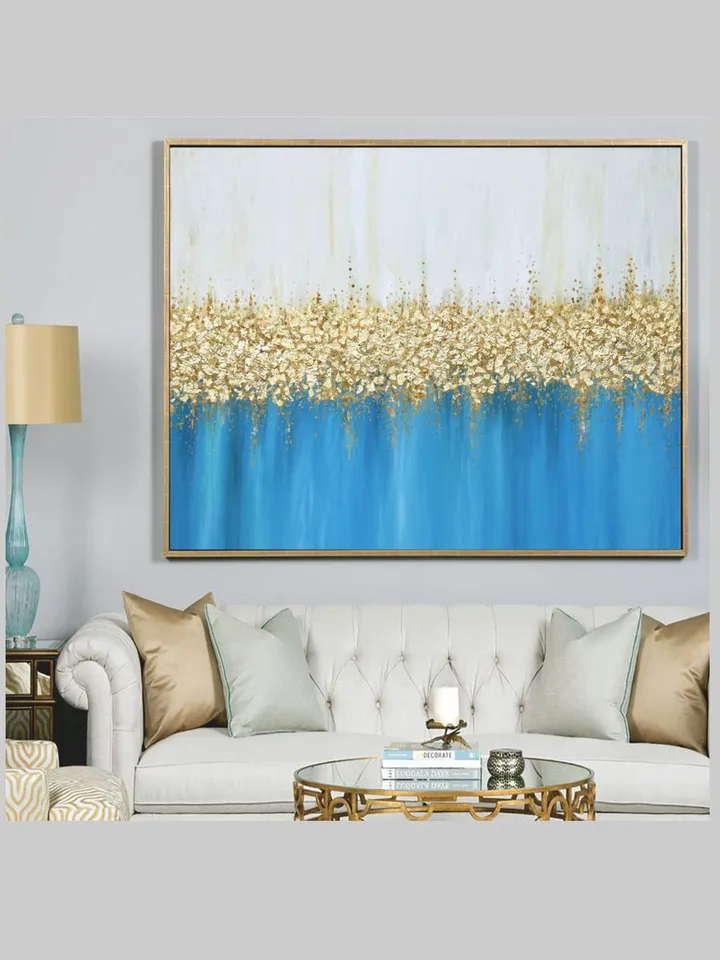 Gold and Blue Turquoise Abstract Wall Art Gold leaf Painting on Canvas | Modern Abstract painting Above bed decor