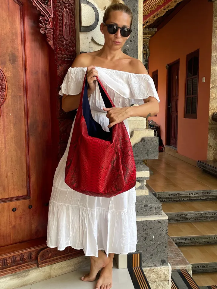 Big Soft Hobo Classy Sport Woman Bag | Purse Genuine Python Skin | Red Riva Elegant Leather Designer Soft Bag Snake | exotic leather purse