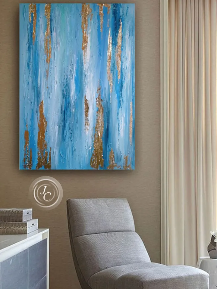 Blue Turquoise and Gold Abstract Wall Art Modern Original Oil Painting on Canvas