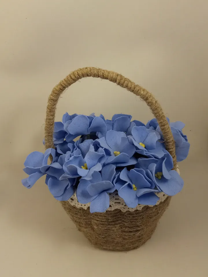 Cute floral arrangements blue violets in linen basket, all completely handmade/Made in 1 copy/ Mother Day gift/ birthday gift/ home decor indoor/gift for her