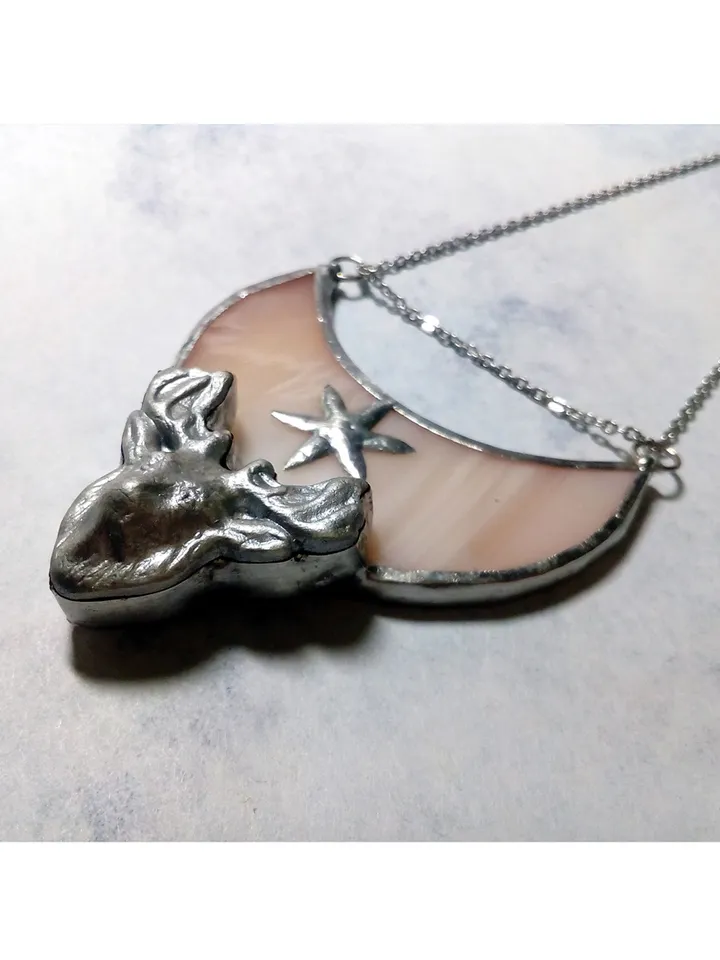 Deer antler jewelry, Deer head necklace, Yule jewelry, Christmas deer, Moon crescent deer, stag head pendant