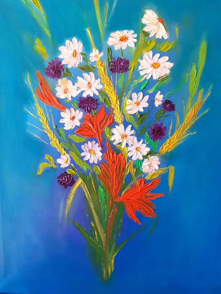 Oil Painting Bouquet of Wildflowers Flowers Nature Stretched Canvas 20x16 inches 50x40 cm Wall Decor