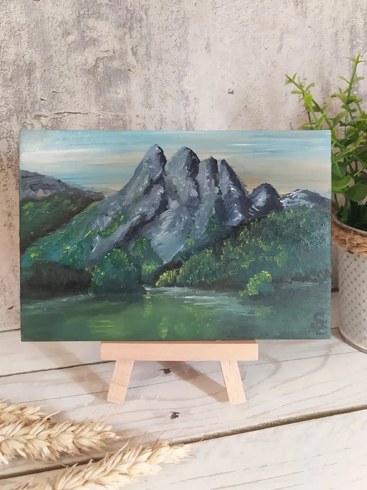Oil painting "Mountain Lake", miniature, about 4*6 inches (10*15 cm)