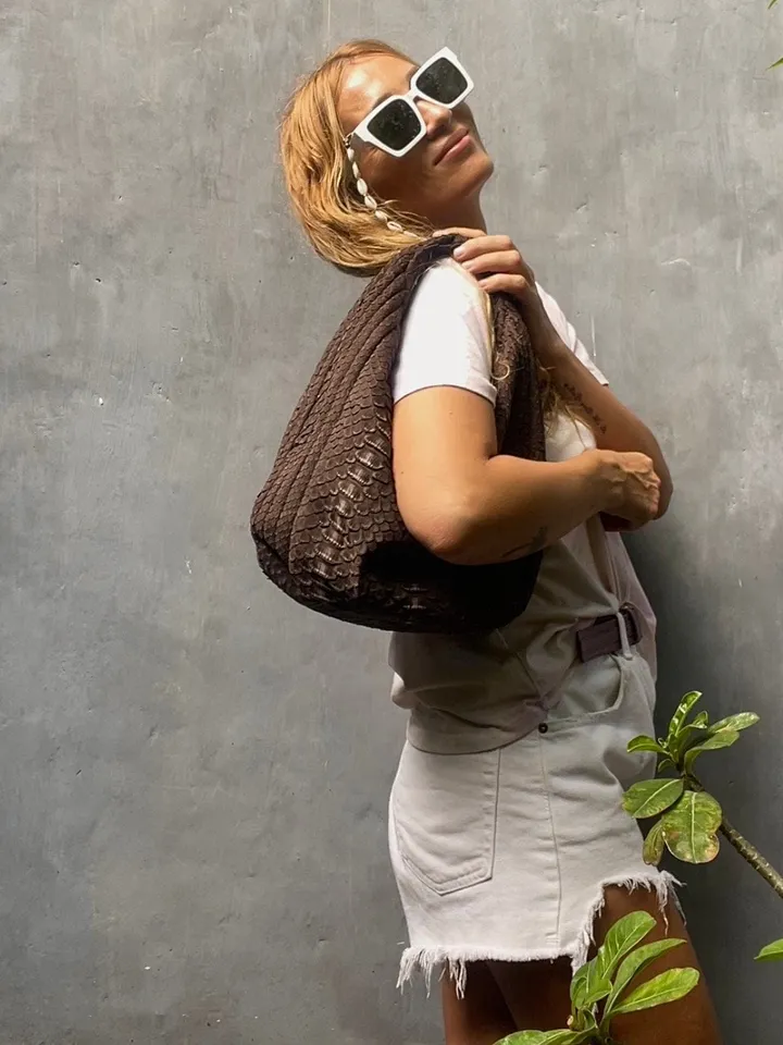Medium Soft Hobo Classy Sport Woman Stitched Bag | Purse Genuine Python Skin | Dewi Brown Big Elegant Leather Designer Soft Bag Snake |