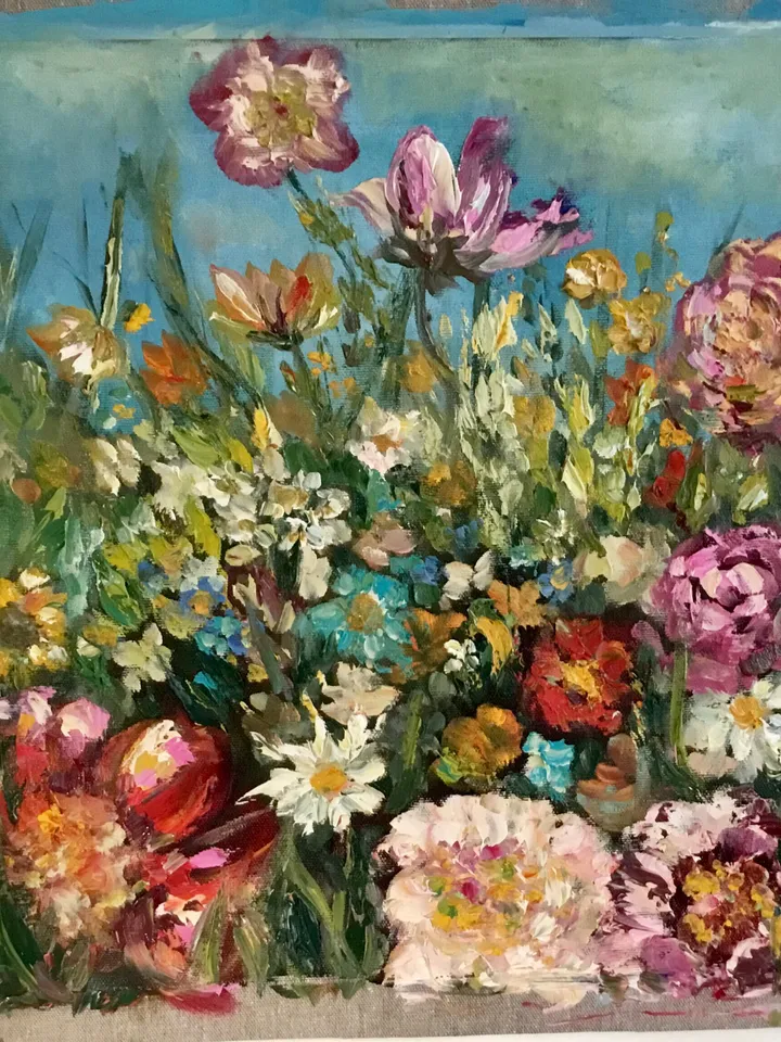 Colourful flowers original oil painting on unstretched canvas,field flowers painting,meadows painting,wild flowers wall art,flowers decor.