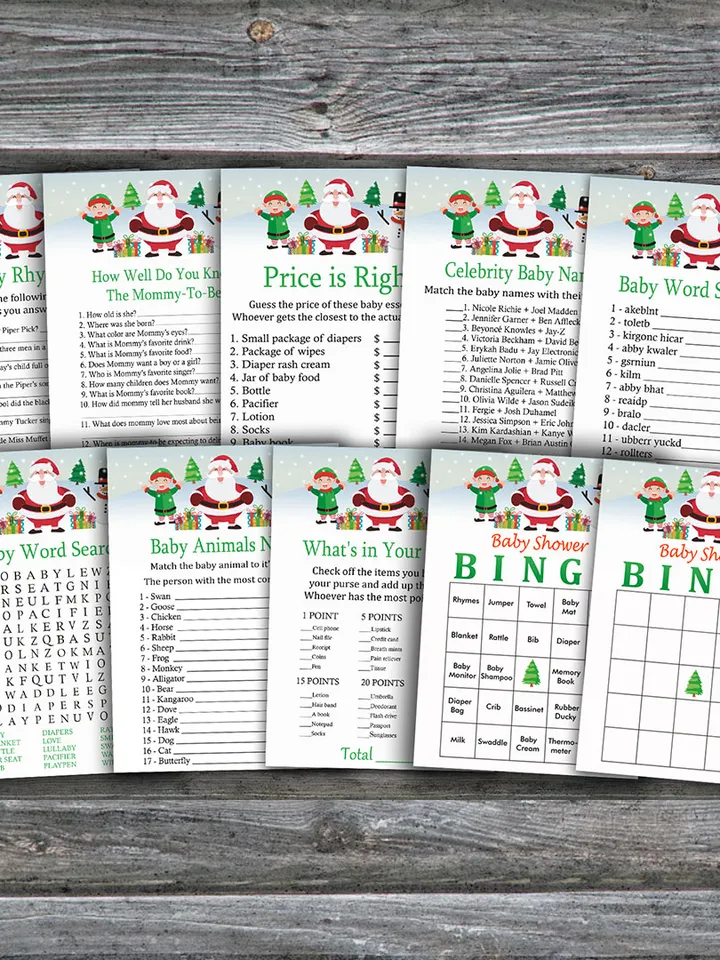 Happy santa baby shower games bundle,Christmas Baby Shower games package,Fun Baby Shower Games,9 Printable Games-251