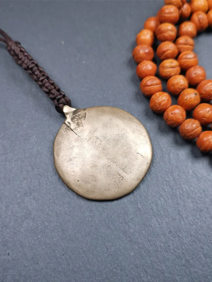 Gandhanra Handmade Tibetan Buddhist Amulet,Om Badge Pendant, Mantra of Om Mani Padme Hum, Made of Brass,1.38"