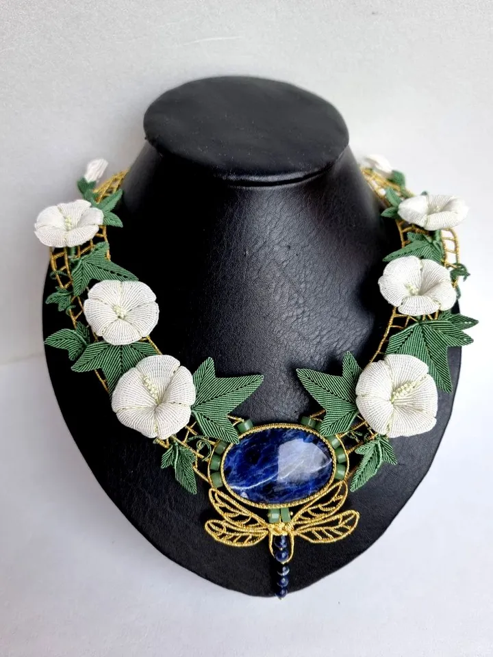 Art Nouveau Necklace with Flowers, Sodalite, and Dragonfly