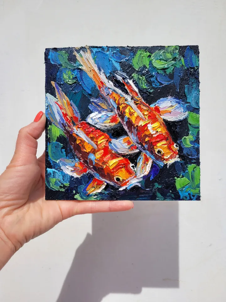 Koi Fish Painting Fish Painting Original Art Impasto Oil Painting 6x6 Animal Painting Food Painting Koi Carp Feng Shui Painting Seafood Art by ArtFromVictoria