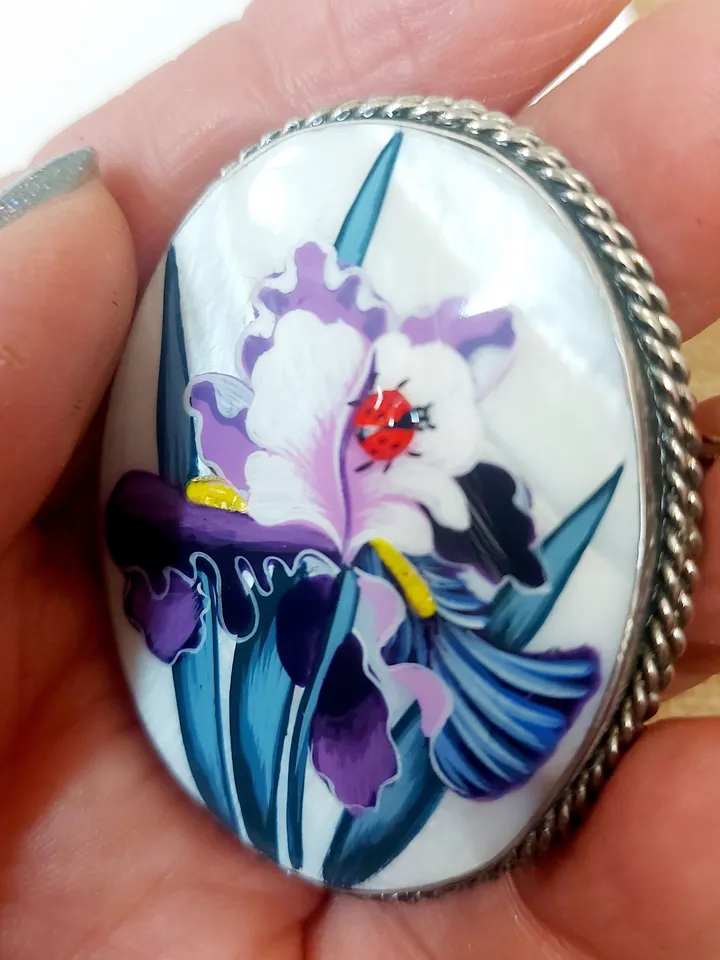 Mother-of-pearl Russian brooch "Iris Flower ", Miniature hand-painted, Russian fine art jewelry, Аbalone shell. Russia gift for woman. Pin