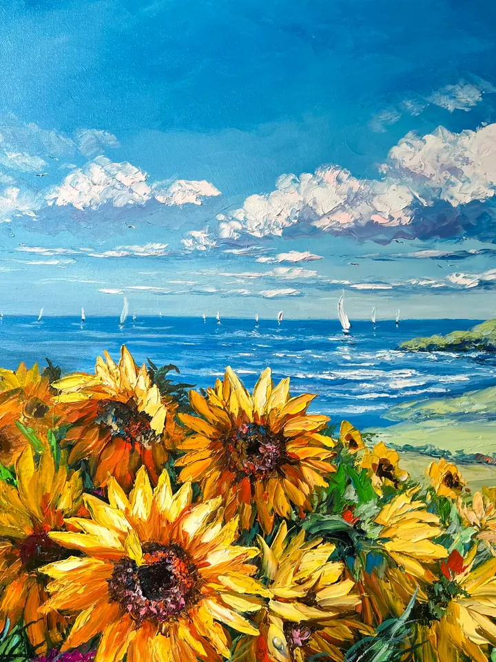 Original oil painting on canvas large artwork sunflowers fields and sea beautiful landscape realistic impasto art