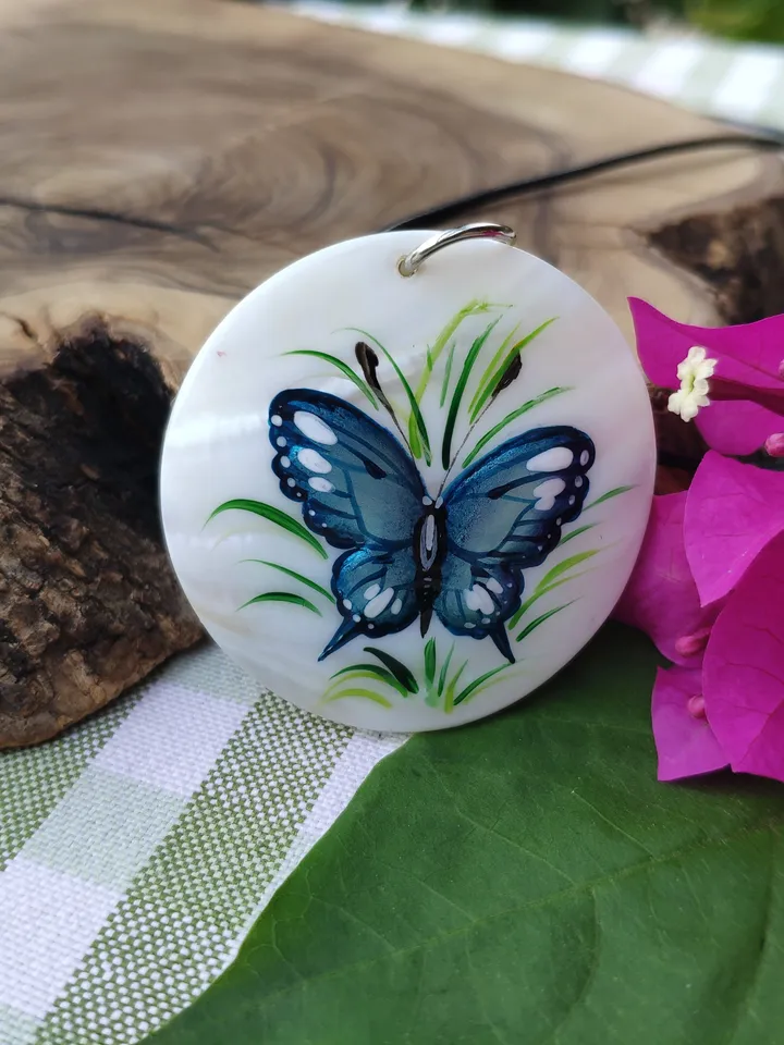 Pearl pendant necklace: Elegant Blue Butterfly hand painted on shell pendant • Unique dainty handcrafted jewellery • Stylish aesthetic gift