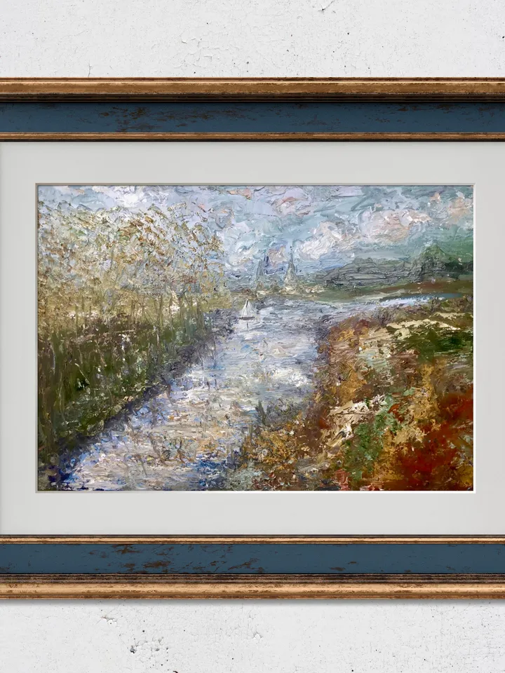 Semi-Abstract landscape painting on canvas,original oil painting,river,trees,mountains,abstract wall art,home decoration