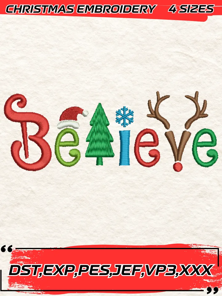 Believe Christmas Embroidery File,Christmas Embroidery Design,4 Sizes, Digital Download #4