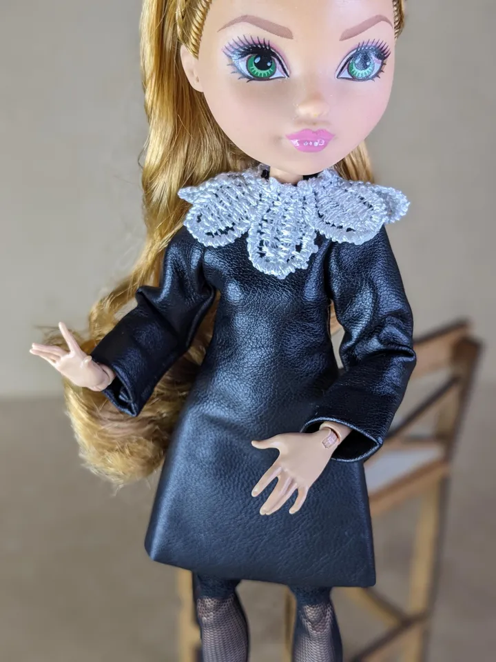 Handmade black leather mini dress for 10.5-inch female dolls (MH, EAH)