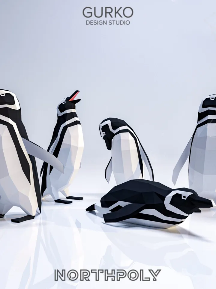 5 Magellanic Penguins Papercraft, Digital Template, PDF Download, Gurko, Low Poly, Pepakura, Origami Sculpture, Paper Party Decor, DIY Gift