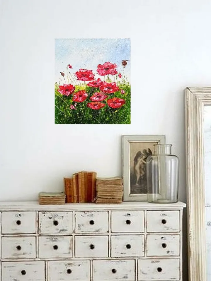 Oil painting, Bright red flowers, Canvas, Meadow Art, Red Poppies,Impasto Art