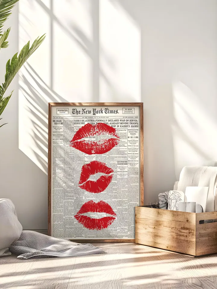 Trendy Wall Art Newspaper Art Prints Black And White Poster Aesthetic Room Decor Vintage Retro Poster Girly Wall Art Kiss Lips Wall Art Dorm