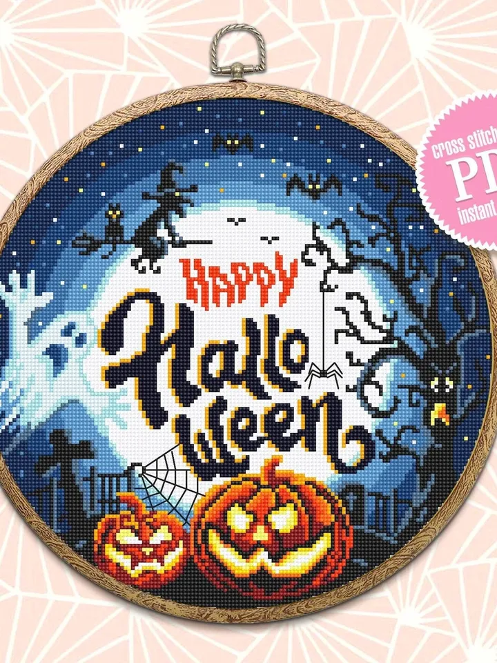 Happy Halloween cross stitch pattern download PDF Halloween moon cross stitch Spooky cross stitch chart Halloween night Magic embroidery #H8