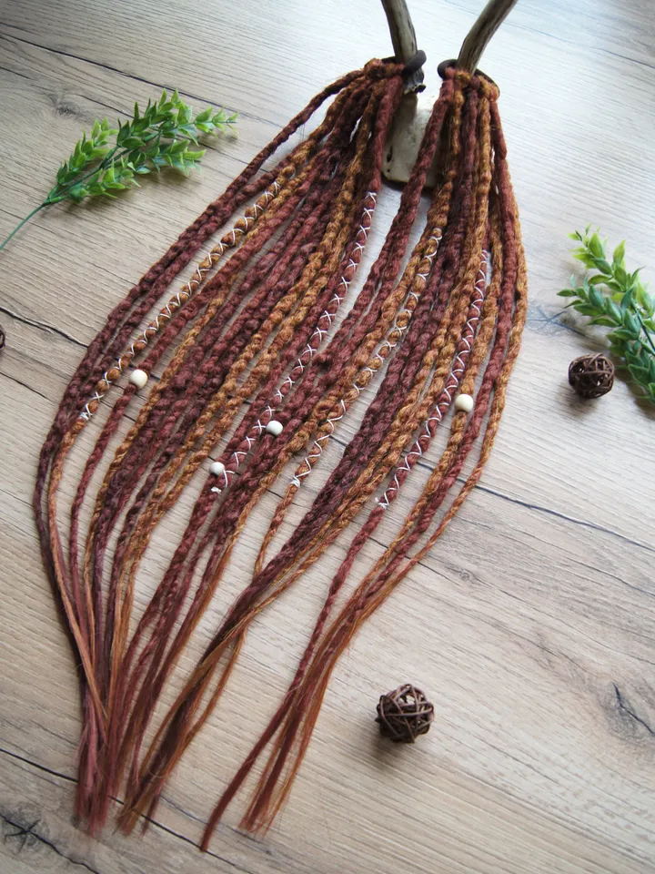 Bronze Dreads on hairband, 2 Ponytail orange red synthetic Dreadlocks extensions, bohemian boho style, Wig Hair Falls, cosplay