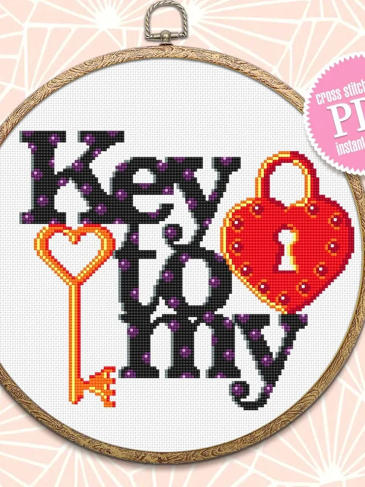 Love quote cross stitch pattern download PDF, Love lettering Key to my heart cross stitch chart, Valentines day gift, Beginner stitch #V7