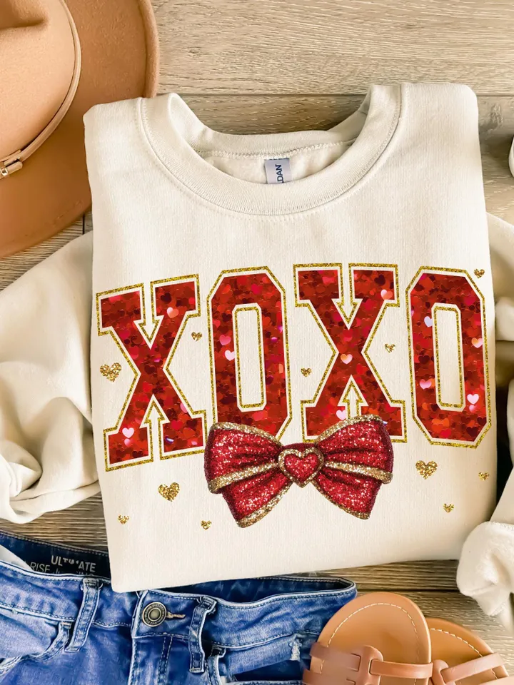 Valentine XOXO Coquette Sparkly Glitter Png, Valentines Day Shirt Design, Valentines Day PNG, Xoxo PNG, Red Faux Sequins Valentines Png