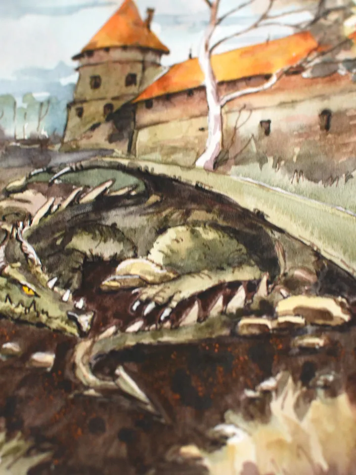 Fantasy dragon castle art Original watercolor painting by Yulia Evsyukova